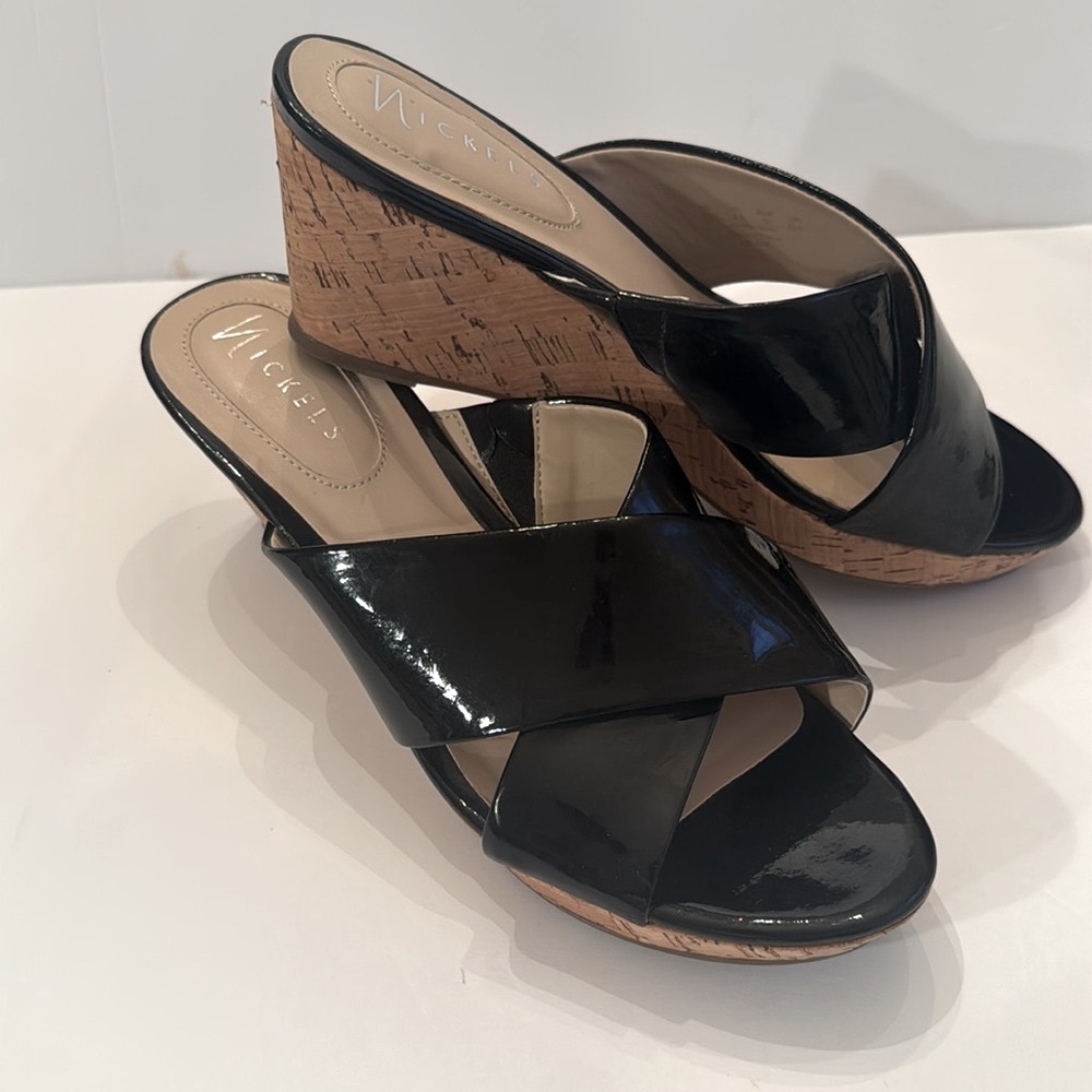 NICKELS Arlene Black Patent Cork Wedge Women's Slide Comfort Sandals Size 8.5M